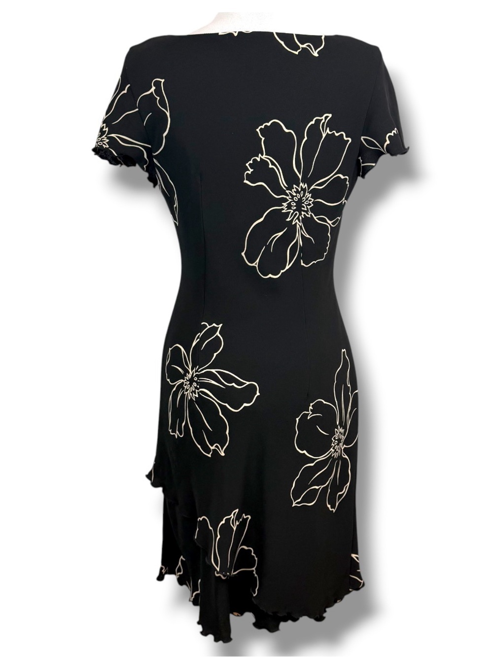 SL Fashions Black Floral Embroidered Midi‎ Dress V Neck Ruffle Hem Y2K Cocktail - Picture 3 of 6